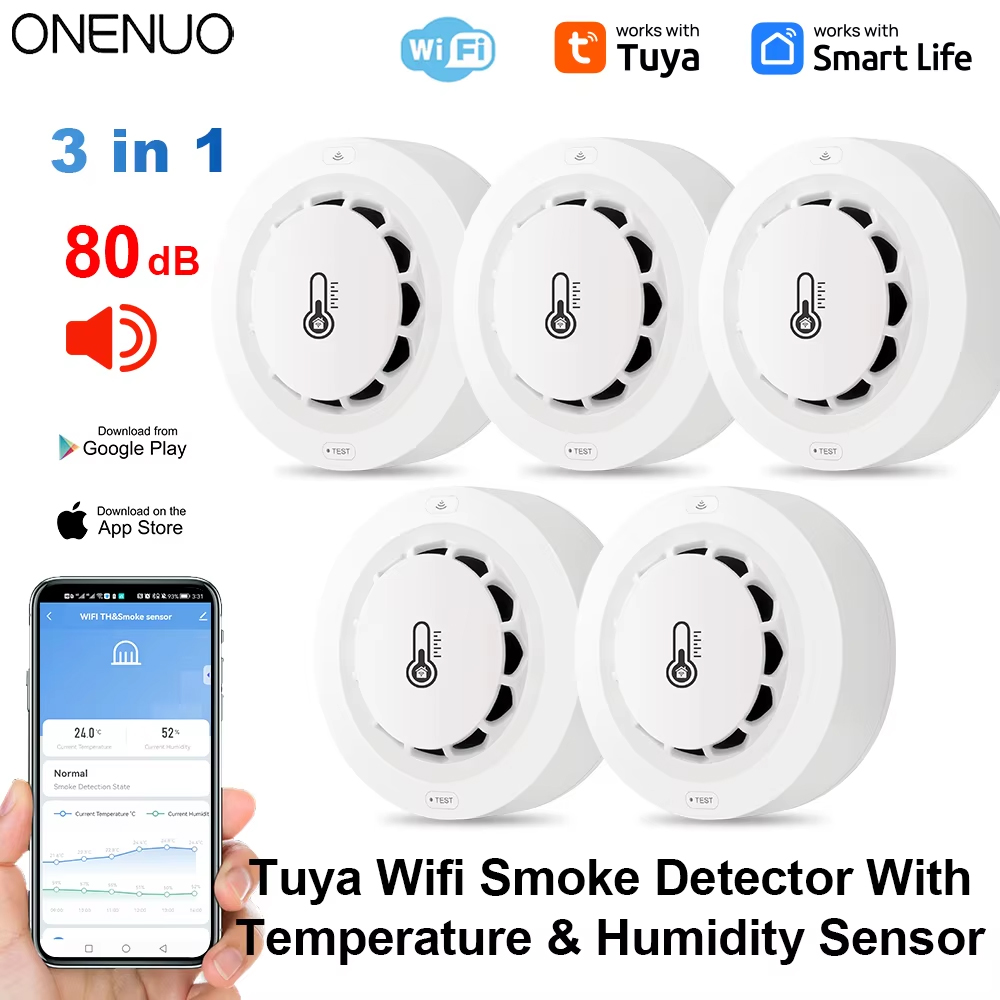 Smoke Detector Interconnected - Tuya Wifi BT สองการเชื่อมต่อเครื่องตรวจจับควันอุณหภูมิความชื้นอุปกรณ์วัด 80dB เสียงปลุก